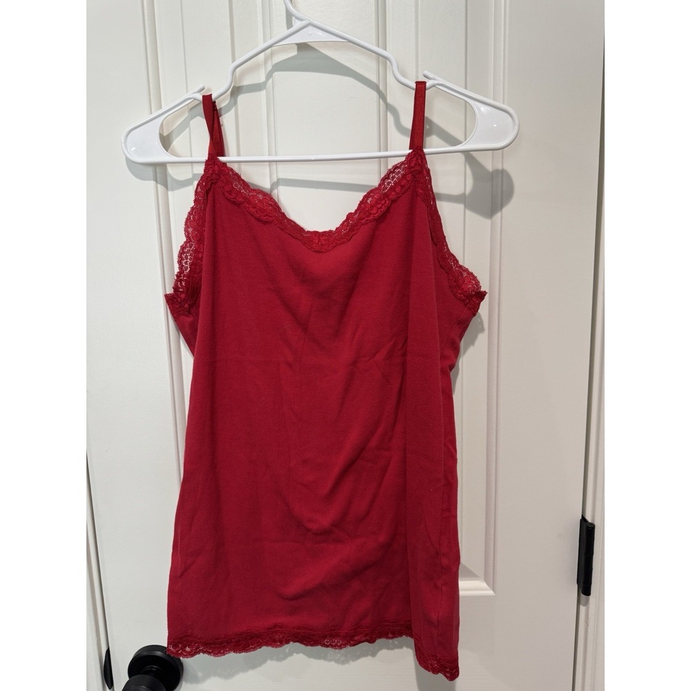Faded Glory Cami Tank Top Camisole Ribbed Lace Trim Layering Red Large Y2K VTG